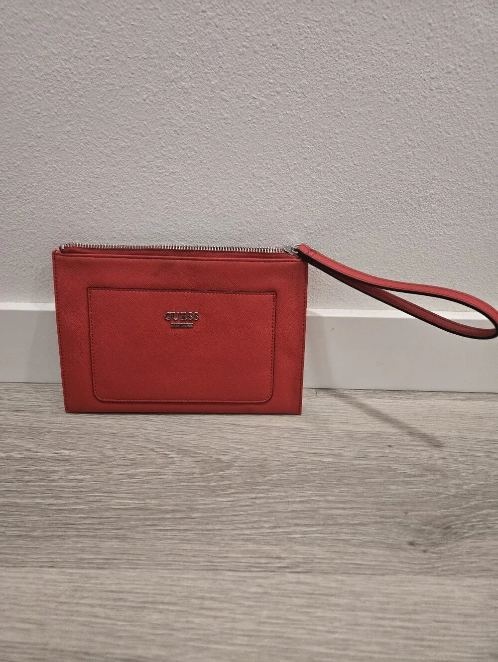 GUESS Red Leather-Look Wristlet Clutch with Front Pocket
